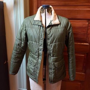 Land’s End Sherpa Collar Jacket Olive Green Puffer Petite Small